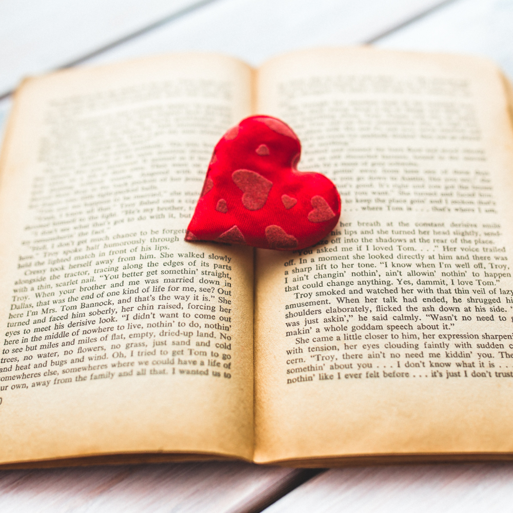 Romance book open with red fabric heart